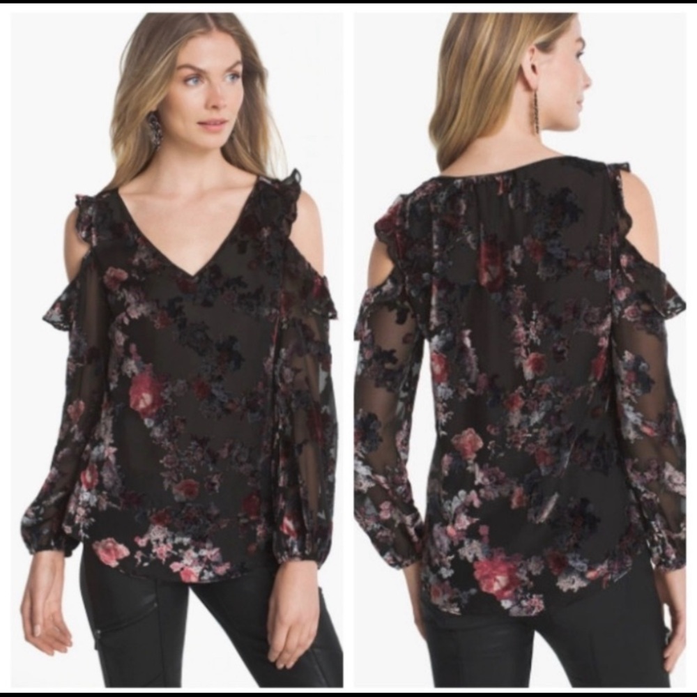 WHBM FLORAL VELVET COLD-SHOULDER BLOUSE